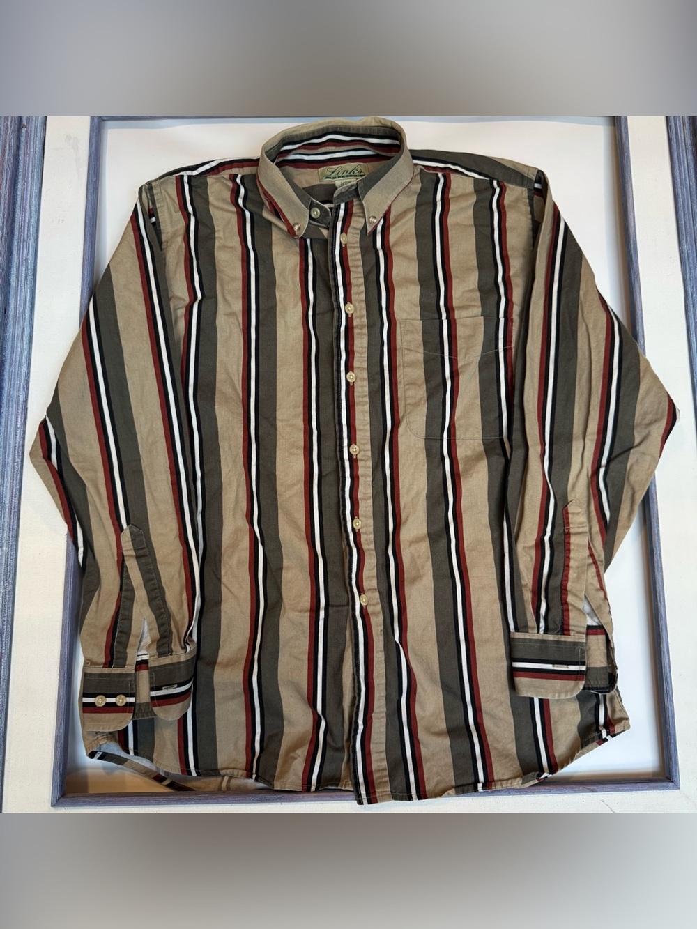 Links Collection. 100% cotton striped button down, green, brown, cream
